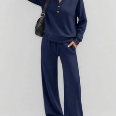 June Button Neck Jumper and Wide-Leg Trouser Set in Navy