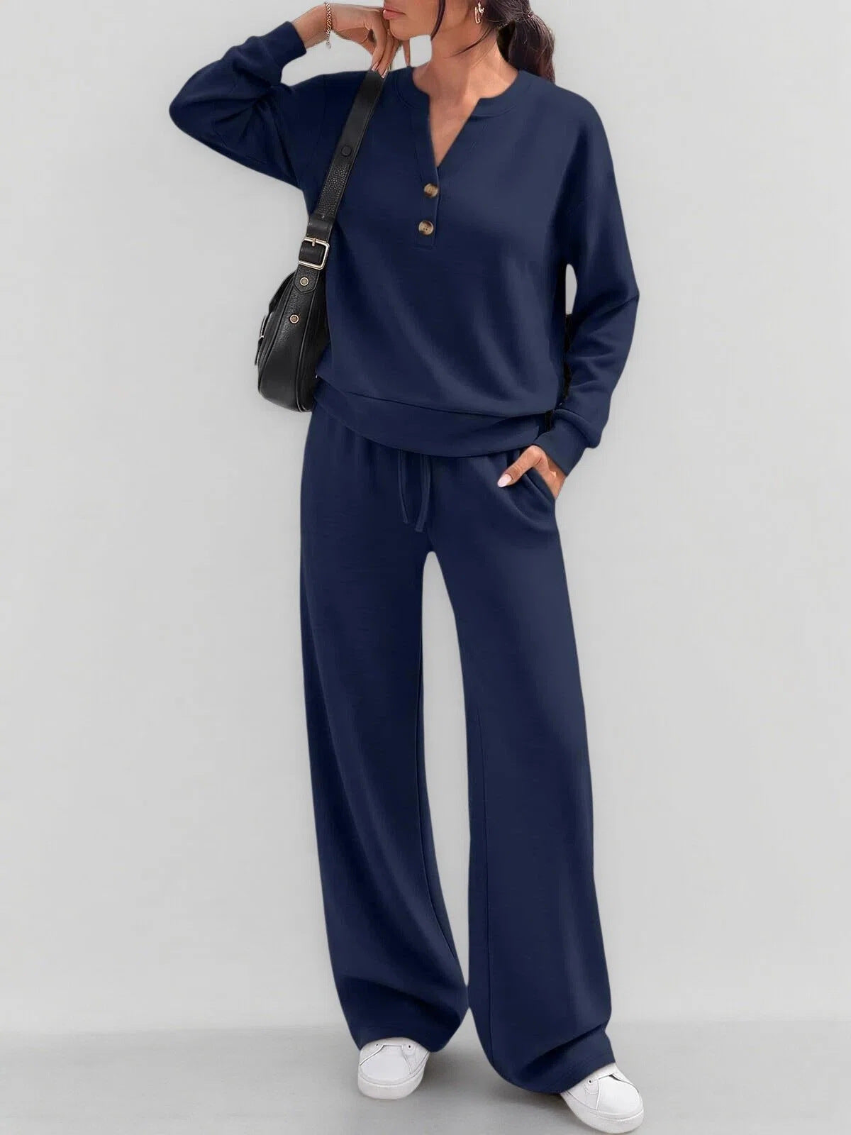 June Button Neck Jumper and Wide-Leg Trouser Set in Navy
