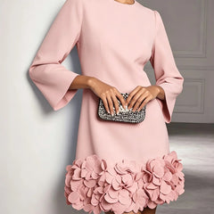 Marcia Flared Sleeve Dress with Flower Hem in Pink