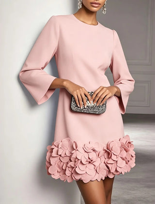 Marcia Flared Sleeve Dress with Flower Hem in Pink