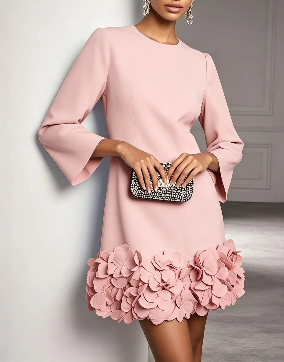 Marcia Flared Sleeve Dress with Flower Hem in Pink