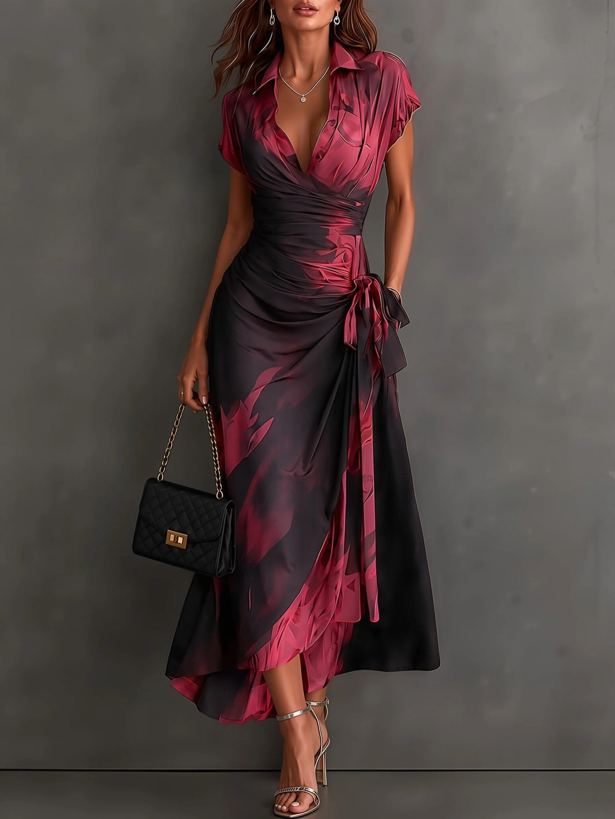 Kirsten Abstract Print Wrap Maxi Dress with Collar