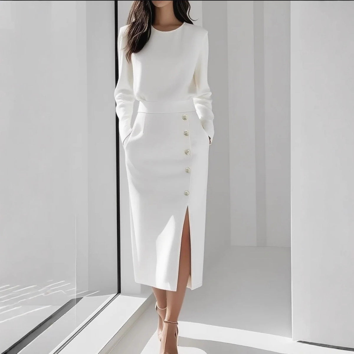 Geraldine | Gold Button Split Midi Dress