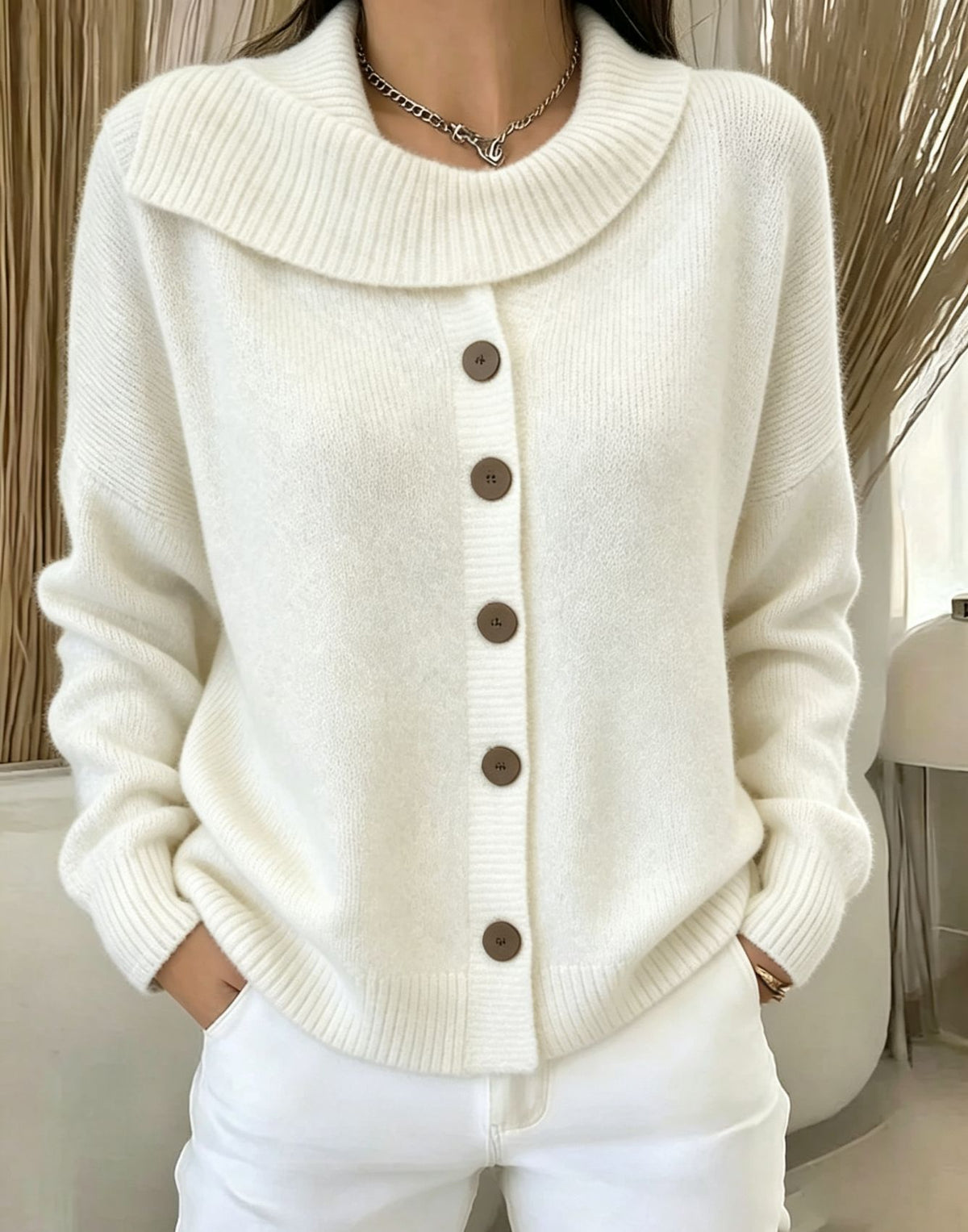 Glynis Wide Collar Button Front Knit Jumper