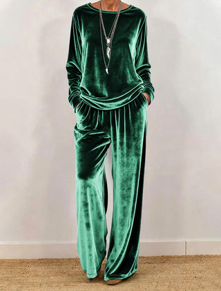 Cynthia | Velvet Round Neck Wide-Leg Trouser Set