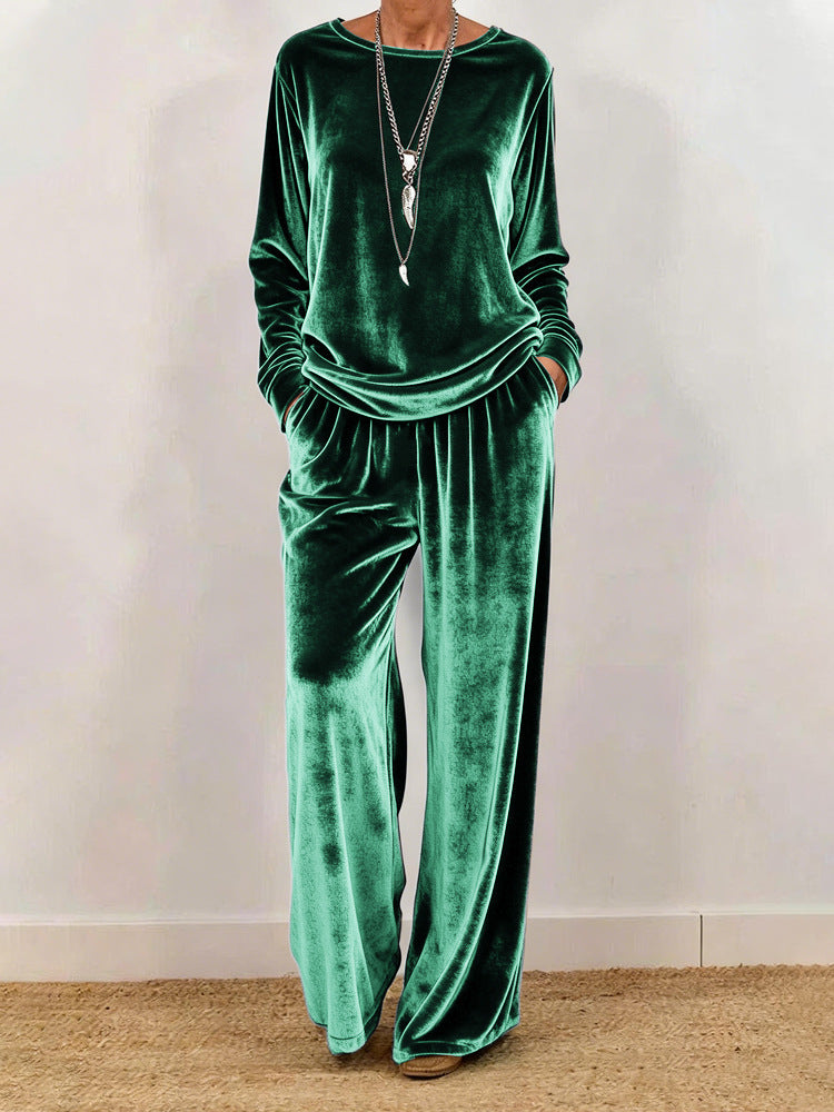 Cynthia | Velvet Round Neck Wide-Leg Trouser Set