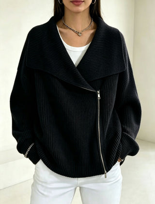 Linda Wide Lapel Double-Zip Knit Cardigan