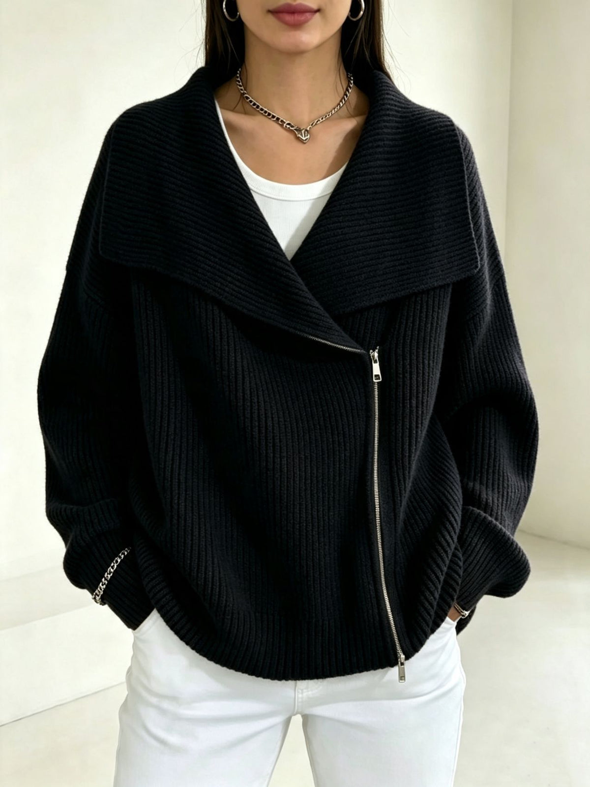 Linda Wide Lapel Double-Zip Knit Cardigan