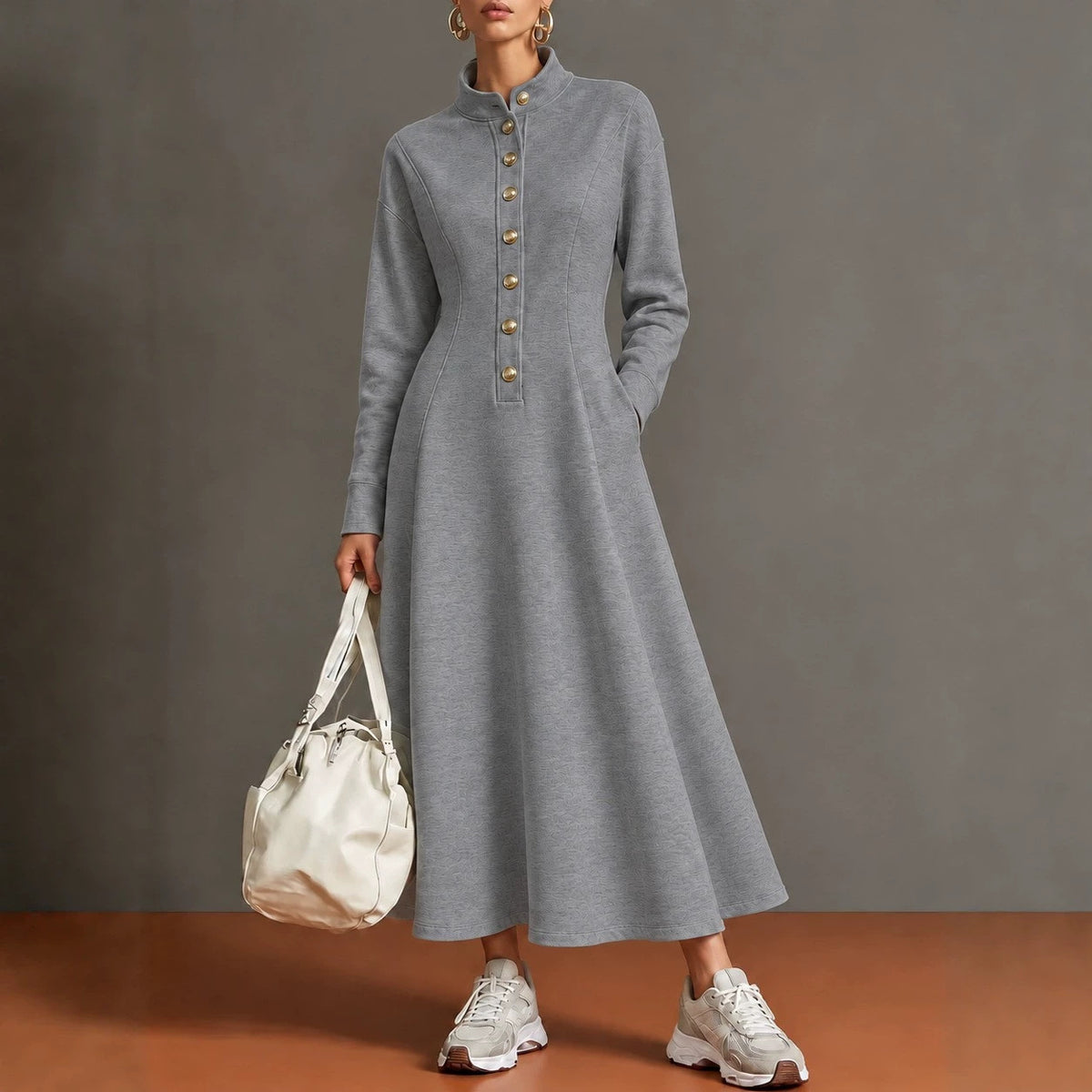 Sandie Stand Collar Button Maxi Dress