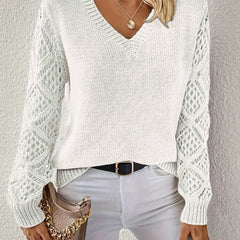 Jeanette Open-Knit Sleeve V-Neck Jumper in White