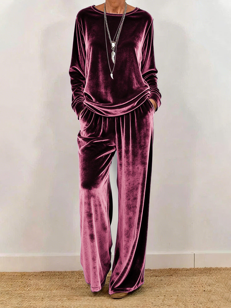 Cynthia | Velvet Round Neck Wide-Leg Trouser Set