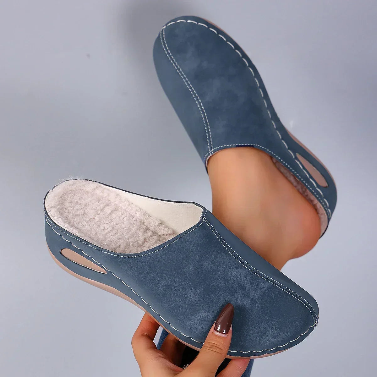 Maureen Cosy Fleece-Lined Mule Slippers in Denim Blue