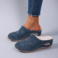 Maureen Cosy Fleece-Lined Mule Slippers in Denim Blue worn