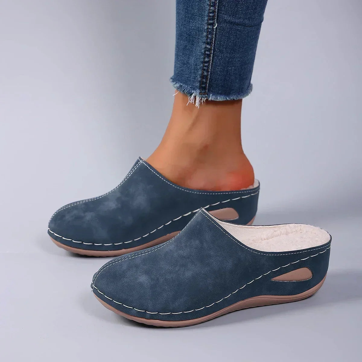 Maureen Cosy Fleece-Lined Mule Slippers in Denim Blue worn