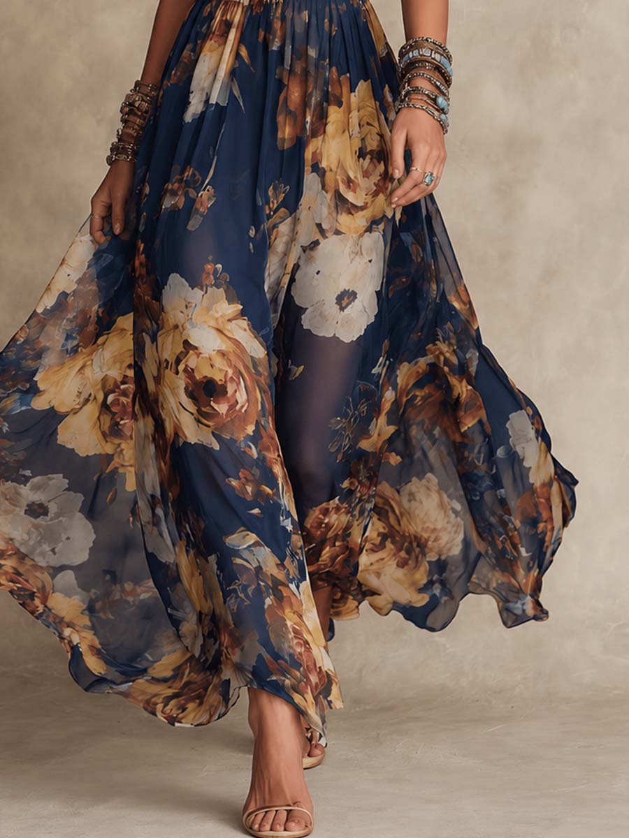Navy Blue Chiffon Floral Print Spaghetti Strap Maxi Dress