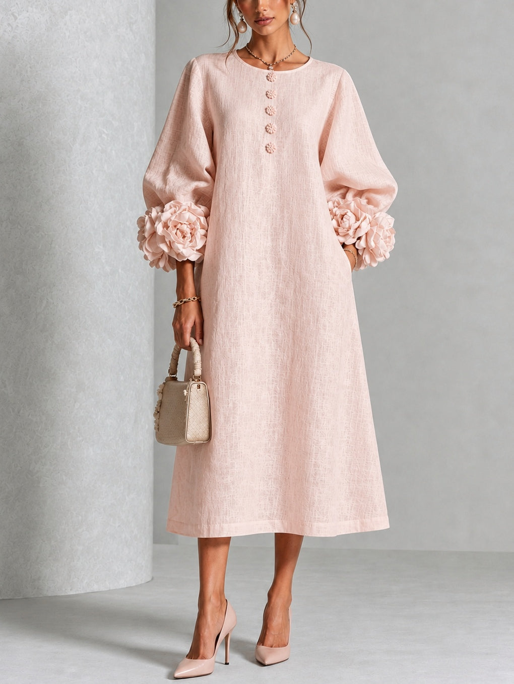 Belinda | Rosette Cuff Button Midi Dress