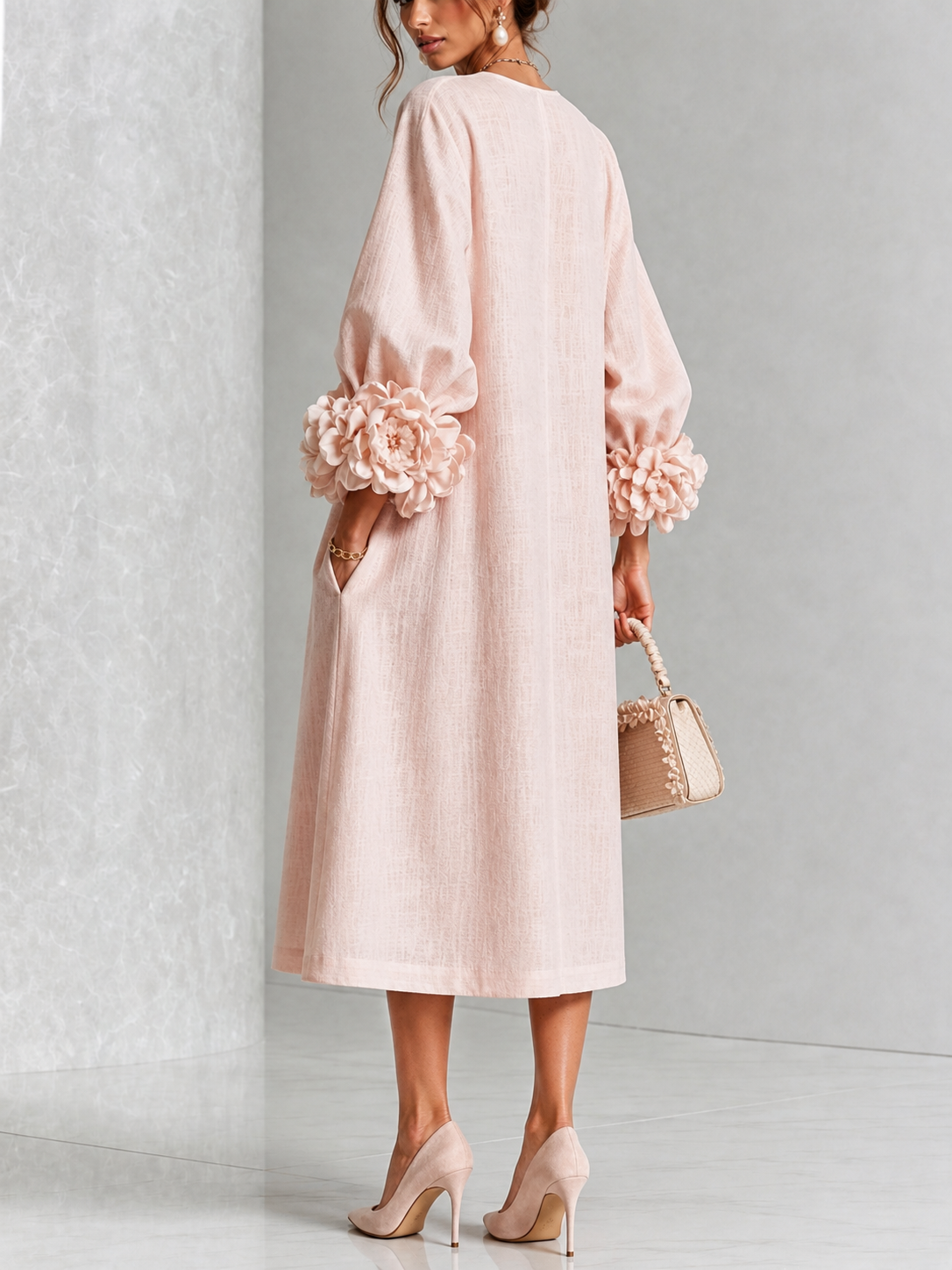 Belinda | Rosette Cuff Button Midi Dress