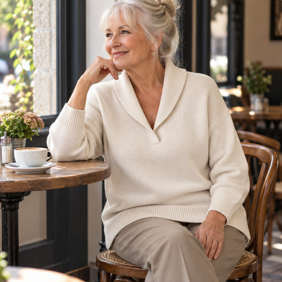 Ailsa Shawl Collar V-Neck Jumper in Cream, worn out and about