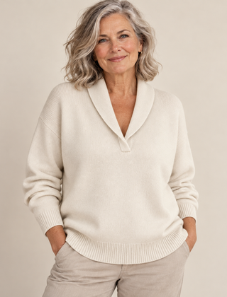 Ailsa Shawl Collar V-Neck Jumper in Cream