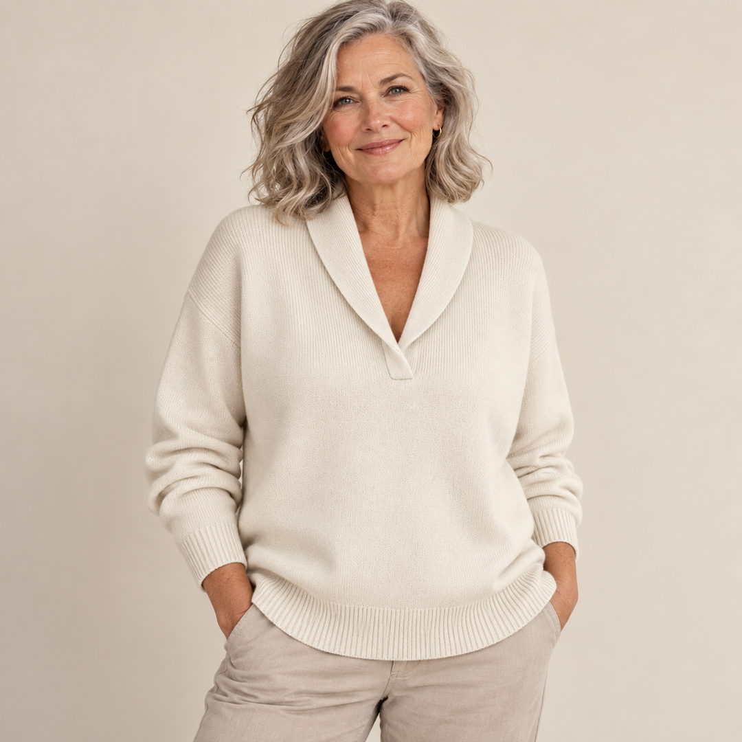 Ailsa Shawl Collar V-Neck Jumper in Cream