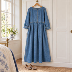 Alison Denim Look Gathered Maxi Dress on a hanger