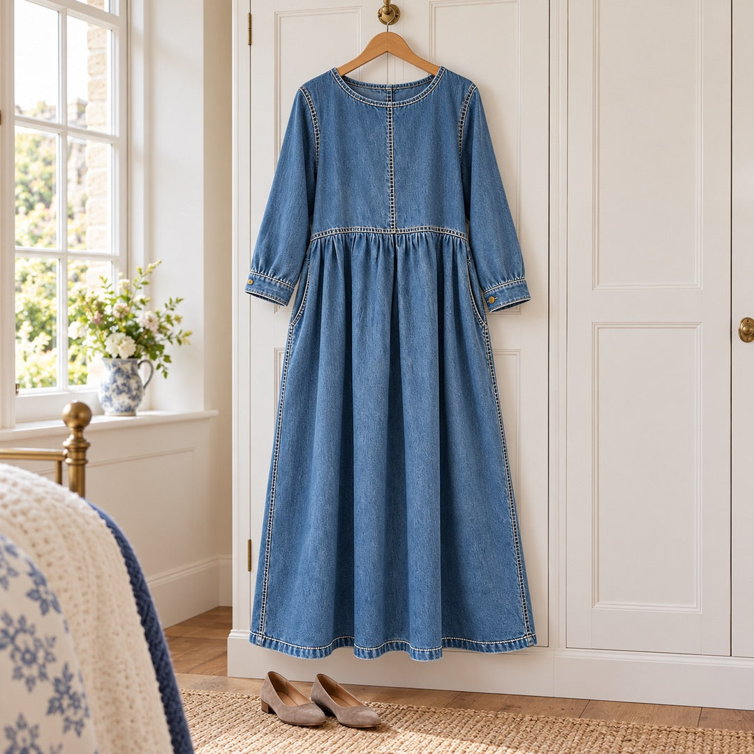 Alison Denim Look Gathered Maxi Dress on a hanger
