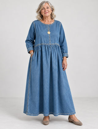 Alison Denim Look Gathered Maxi Dress in Light Blue