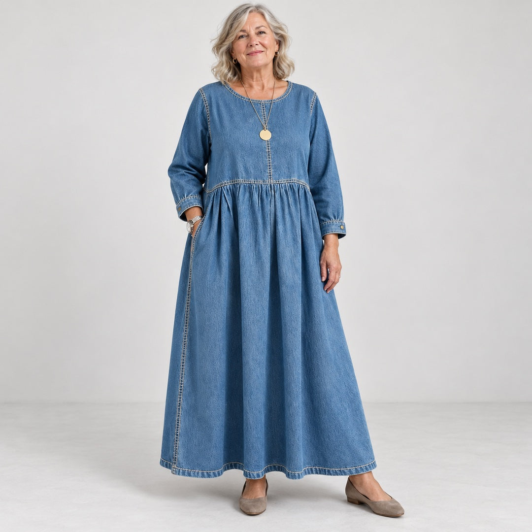 Alison Denim Look Gathered Maxi Dress in Light Blue
