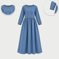 Alison Denim Look Gathered Maxi Dress, with close-ups of the details