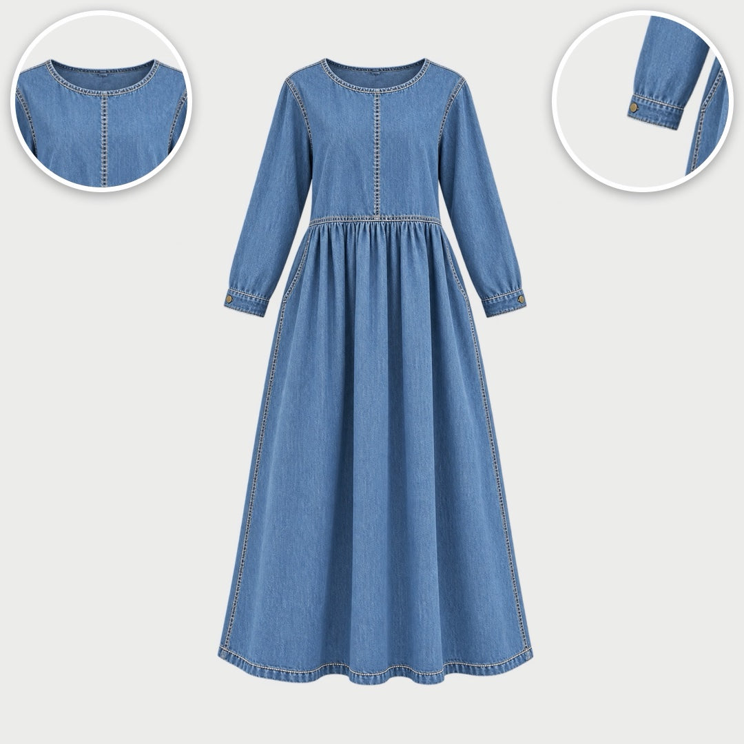 Alison Denim Look Gathered Maxi Dress, with close-ups of the details