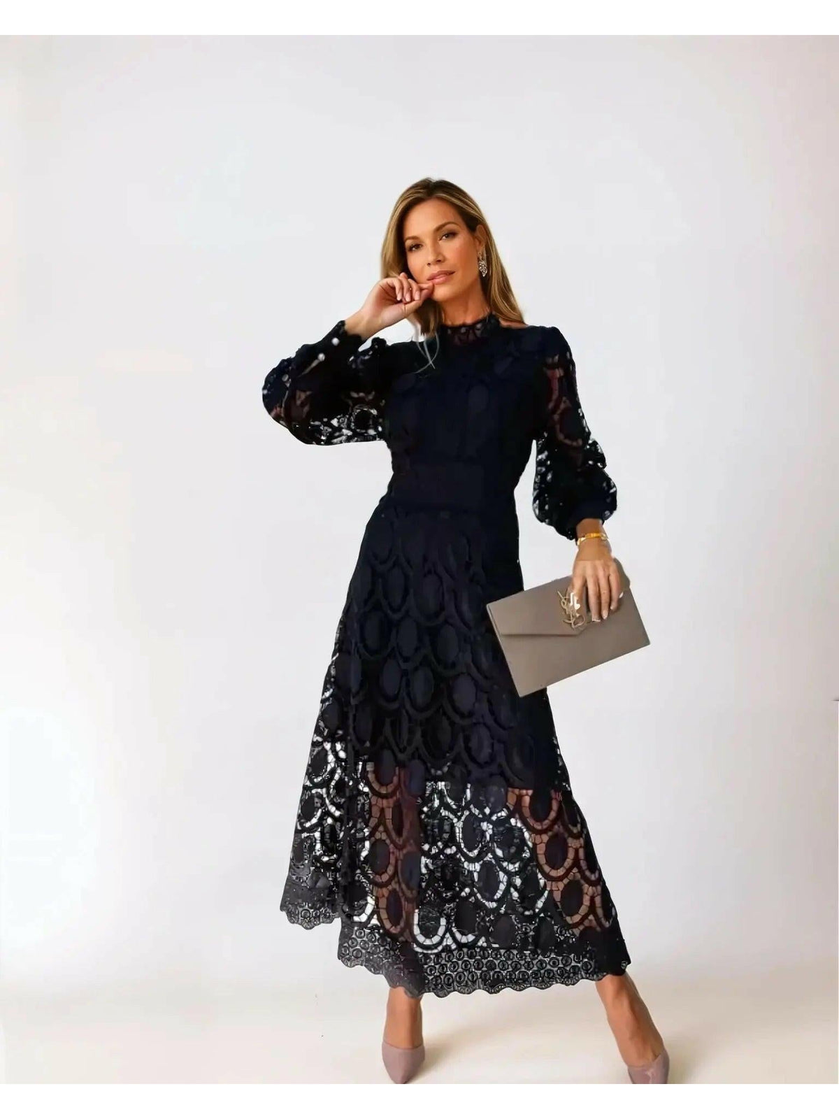 Marlene | High Neck Lace Dress with Balloon Sleeves