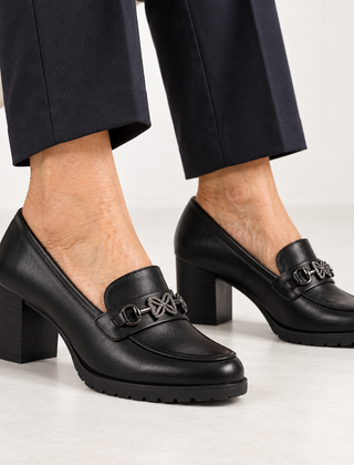 Andrea Block Heel Buckle Loafers in Black