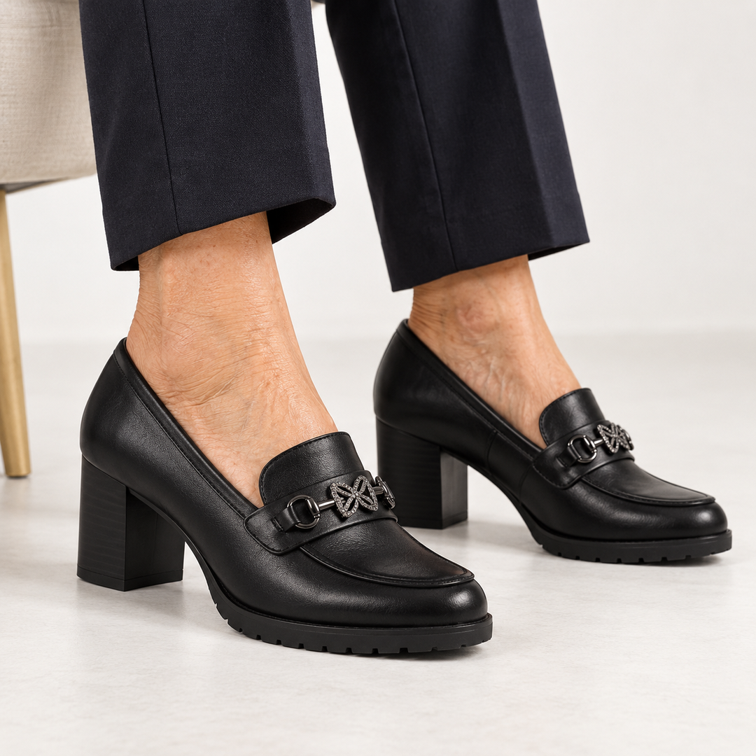 Andrea Block Heel Buckle Loafers in Black