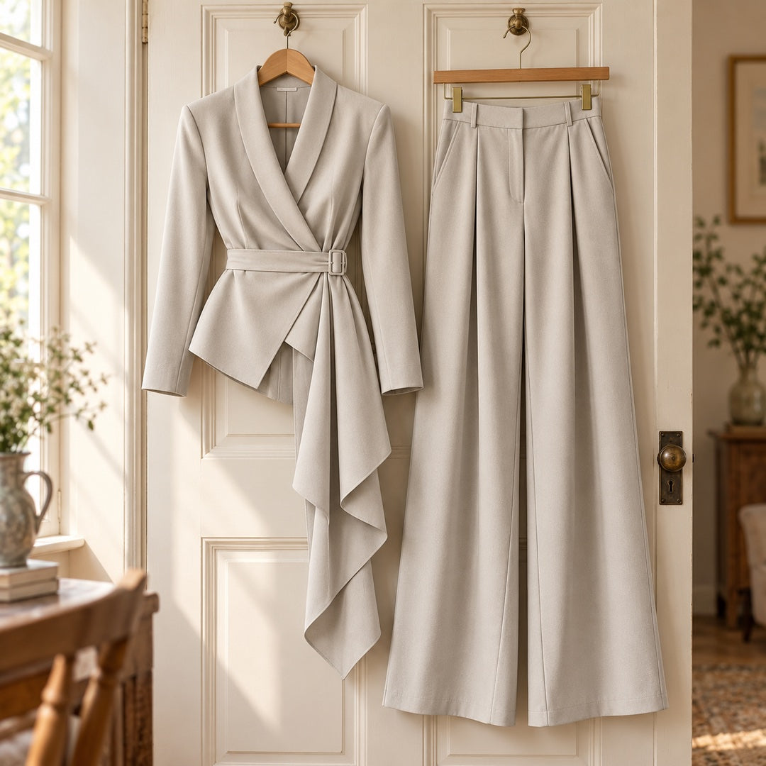 Ann Wrap Blazer and Wide-Leg Trouser Suit in Light Grey on a hanger