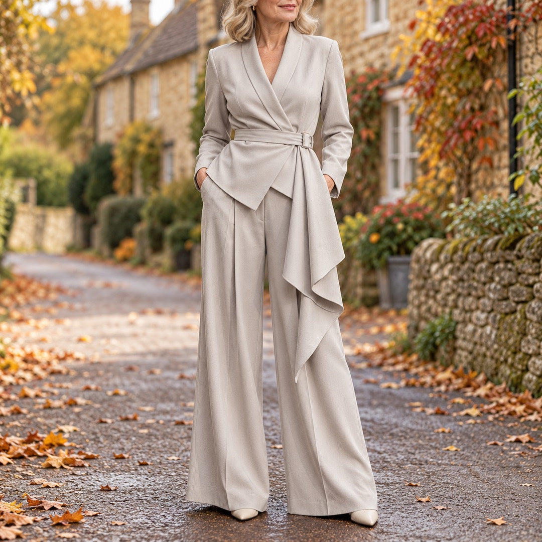 Ann Wrap Blazer and Wide-Leg Trouser Suit in Light Grey, worn out and about