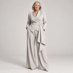 Ann Wrap Blazer and Wide-Leg Trouser Suit in Light Grey