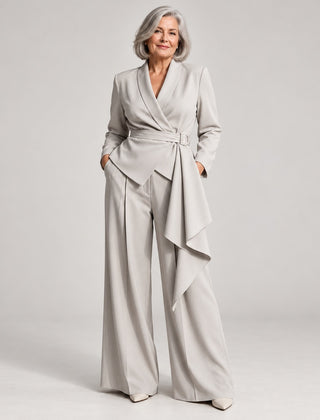 Ann Wrap Blazer and Wide-Leg Trouser Suit in Light Grey