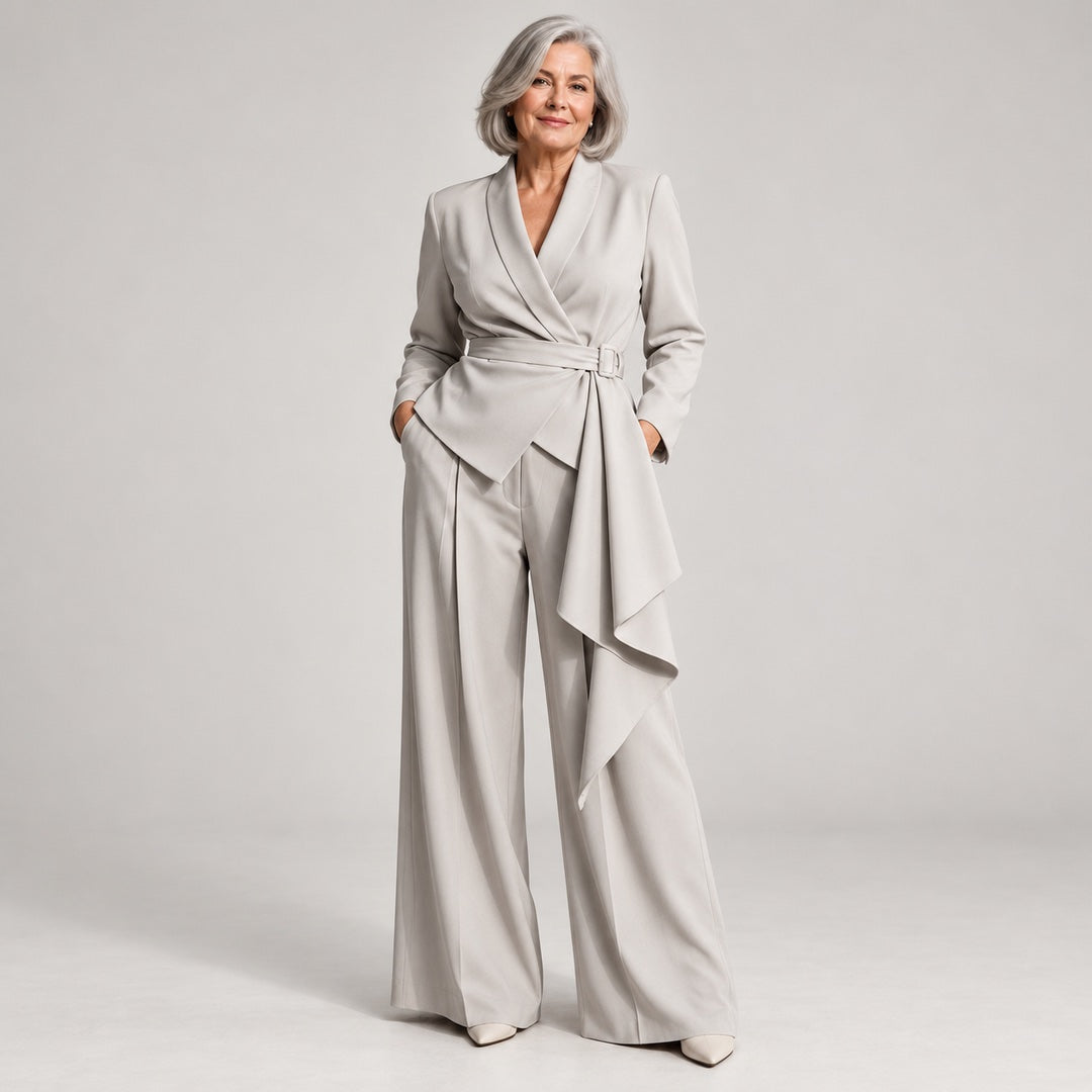 Ann Wrap Blazer and Wide-Leg Trouser Suit in Light Grey