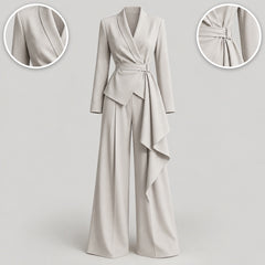 Ann Wrap Blazer and Wide-Leg Trouser Suit in Light Grey, with close-ups of the details