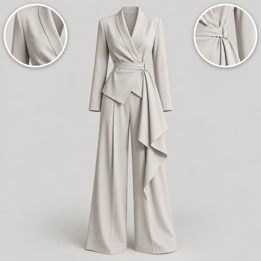 Ann Wrap Blazer and Wide-Leg Trouser Suit in Light Grey, with close-ups of the details
