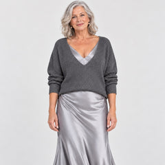 Close-up of the Annabel V-Neck Knit Top and Satin Slip Dress Set in Grey