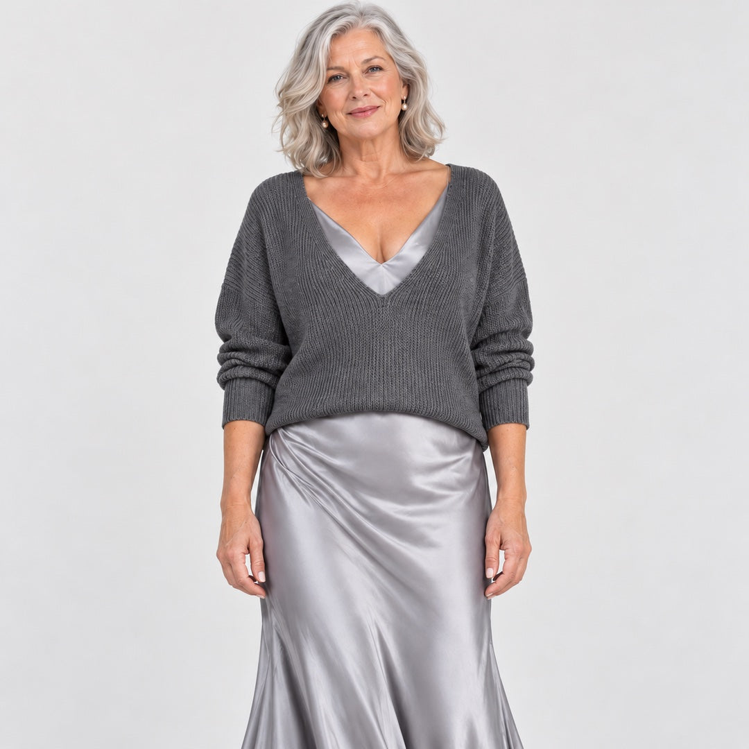 Close-up of the Annabel V-Neck Knit Top and Satin Slip Dress Set in Grey