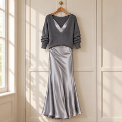 The Annabel V-Neck Knit Top and Satin Slip Dress Set in Grey on a hanger
