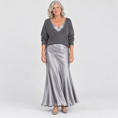 The Annabel V-Neck Knit Top and Satin Slip Dress Set in Grey