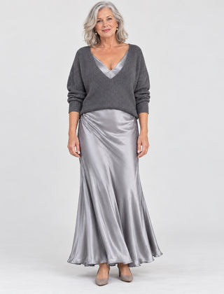 The Annabel V-Neck Knit Top and Satin Slip Dress Set in Grey
