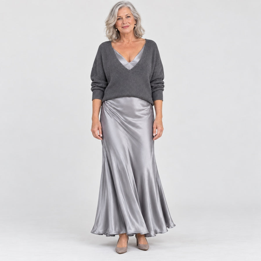 The Annabel V-Neck Knit Top and Satin Slip Dress Set in Grey
