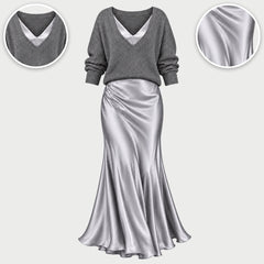 The Annabel V-Neck Knit Top and Satin Slip Dress Set in Grey, with close-ups of the details
