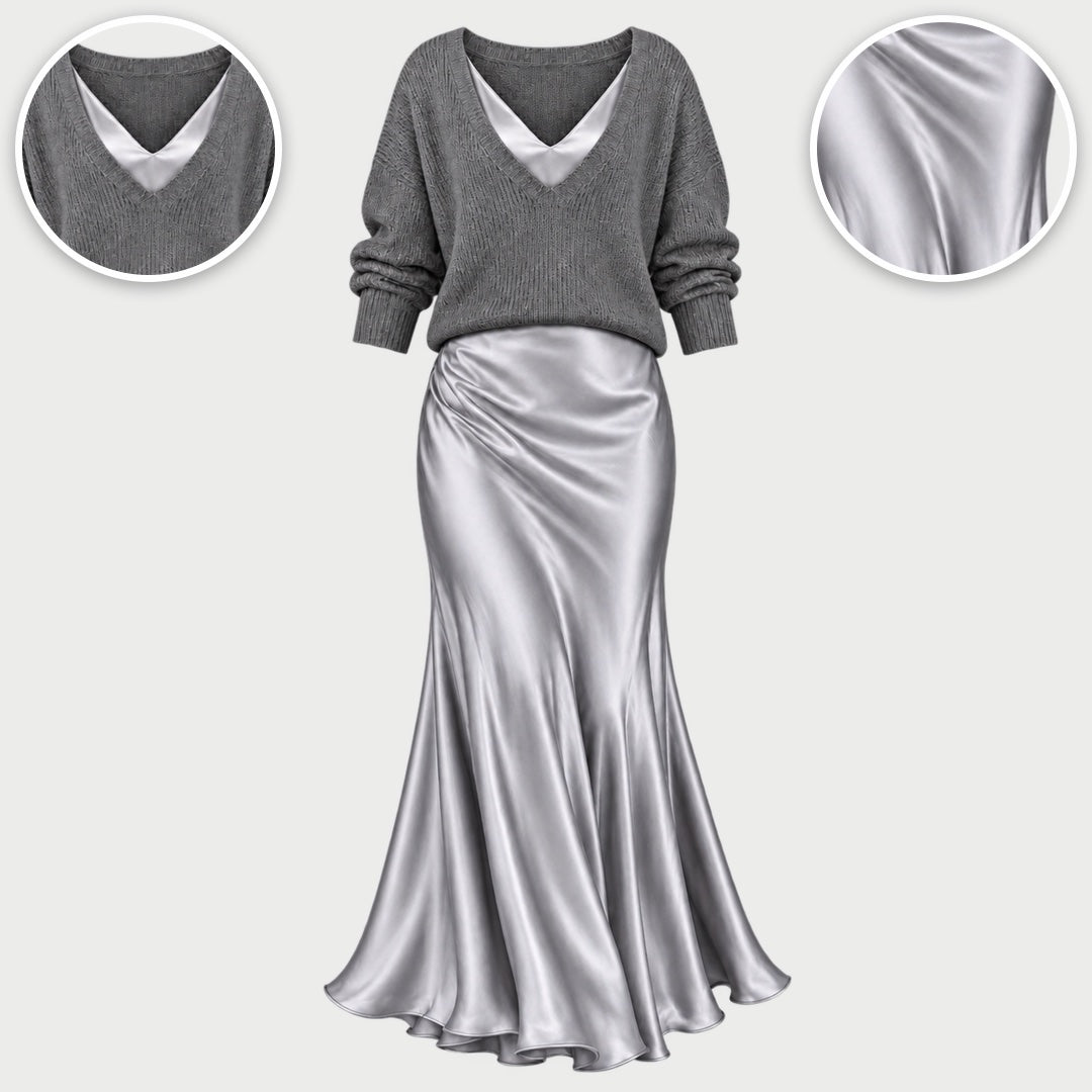 The Annabel V-Neck Knit Top and Satin Slip Dress Set in Grey, with close-ups of the details