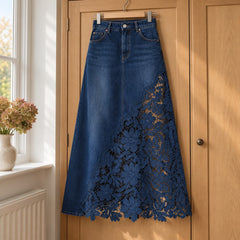 Annette Lace Panel Denim Maxi Skirt in Dark Denim on a hanger