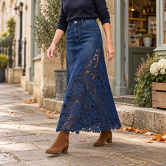 Annette Lace Panel Denim Maxi Skirt in Dark Denim, worn out and about